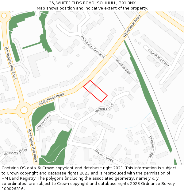 35, WHITEFIELDS ROAD, SOLIHULL, B91 3NX: Location map and indicative extent of plot