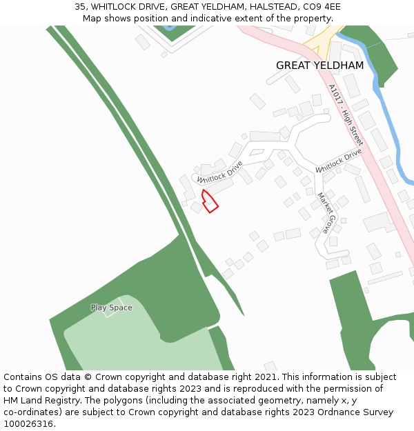 35, WHITLOCK DRIVE, GREAT YELDHAM, HALSTEAD, CO9 4EE: Location map and indicative extent of plot