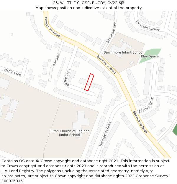 35, WHITTLE CLOSE, RUGBY, CV22 6JR: Location map and indicative extent of plot