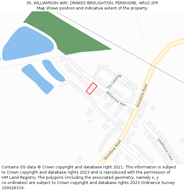 35, WILLIAMSON WAY, DRAKES BROUGHTON, PERSHORE, WR10 2FR: Location map and indicative extent of plot