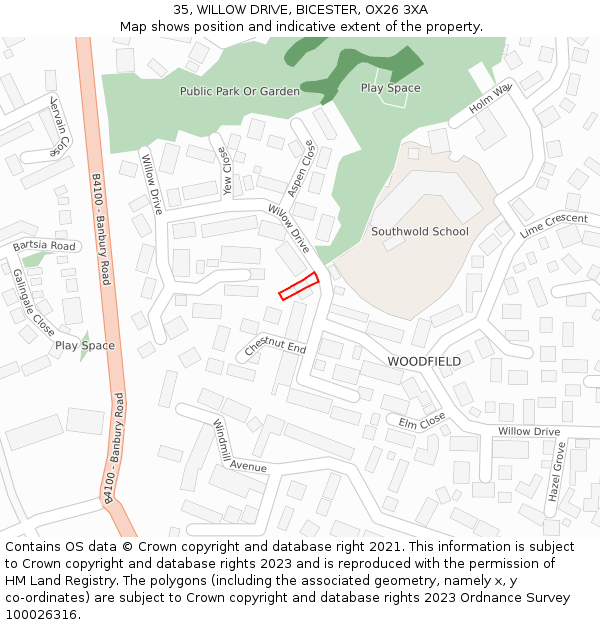 35, WILLOW DRIVE, BICESTER, OX26 3XA: Location map and indicative extent of plot