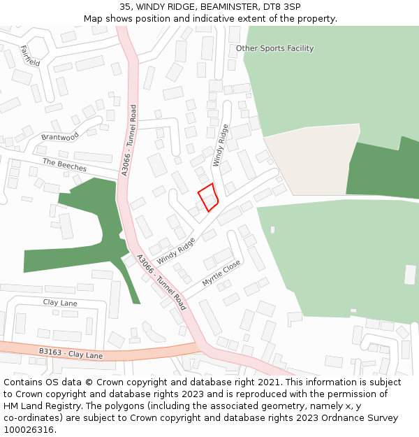 35, WINDY RIDGE, BEAMINSTER, DT8 3SP: Location map and indicative extent of plot