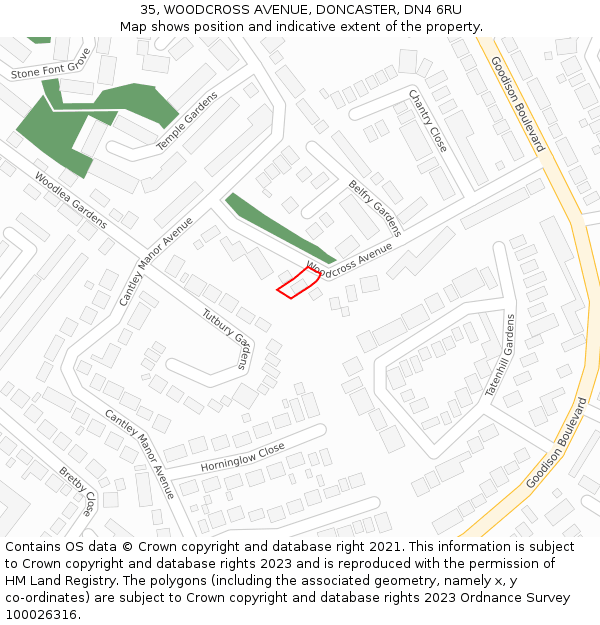 35, WOODCROSS AVENUE, DONCASTER, DN4 6RU: Location map and indicative extent of plot