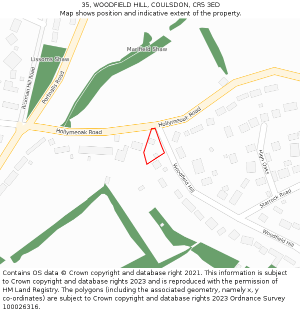 35, WOODFIELD HILL, COULSDON, CR5 3ED: Location map and indicative extent of plot
