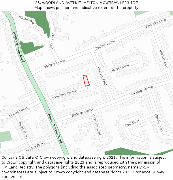 35, WOODLAND AVENUE, MELTON MOWBRAY, LE13 1DZ: Location map and indicative extent of plot