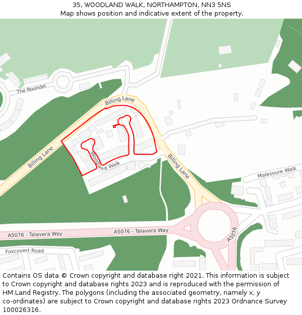 35, WOODLAND WALK, NORTHAMPTON, NN3 5NS: Location map and indicative extent of plot