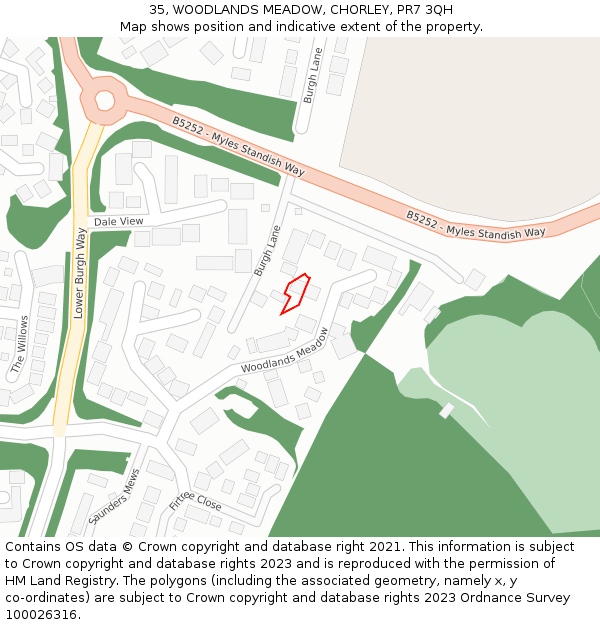 35, WOODLANDS MEADOW, CHORLEY, PR7 3QH: Location map and indicative extent of plot