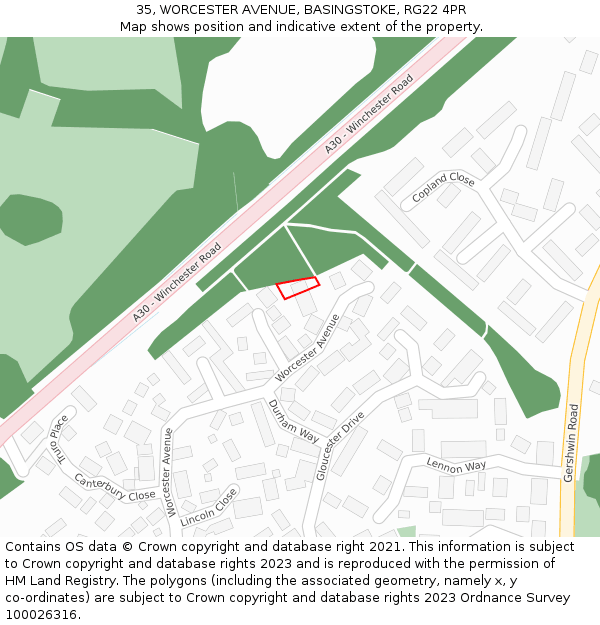 35, WORCESTER AVENUE, BASINGSTOKE, RG22 4PR: Location map and indicative extent of plot