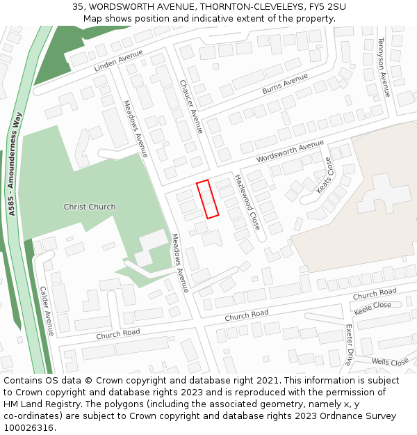 35, WORDSWORTH AVENUE, THORNTON-CLEVELEYS, FY5 2SU: Location map and indicative extent of plot