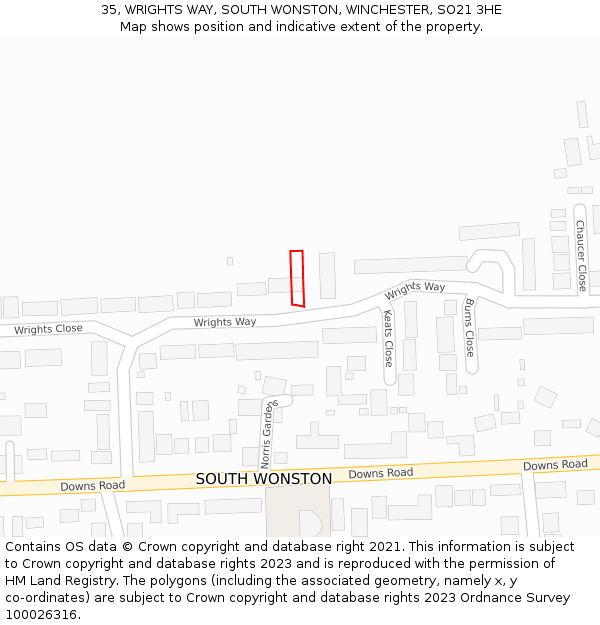 35, WRIGHTS WAY, SOUTH WONSTON, WINCHESTER, SO21 3HE: Location map and indicative extent of plot