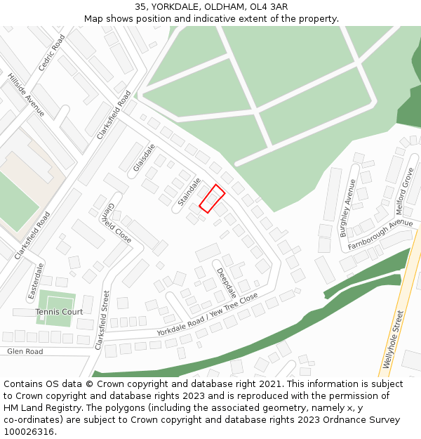 35, YORKDALE, OLDHAM, OL4 3AR: Location map and indicative extent of plot