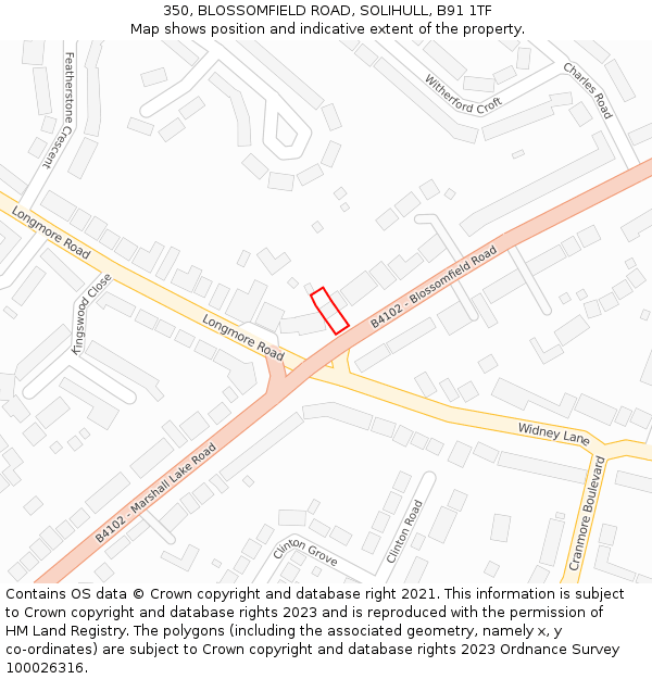 350, BLOSSOMFIELD ROAD, SOLIHULL, B91 1TF: Location map and indicative extent of plot