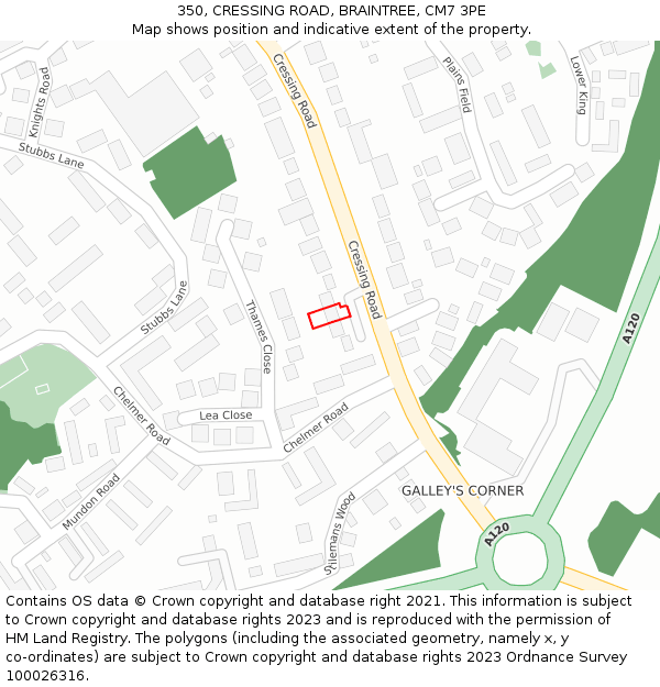350, CRESSING ROAD, BRAINTREE, CM7 3PE: Location map and indicative extent of plot