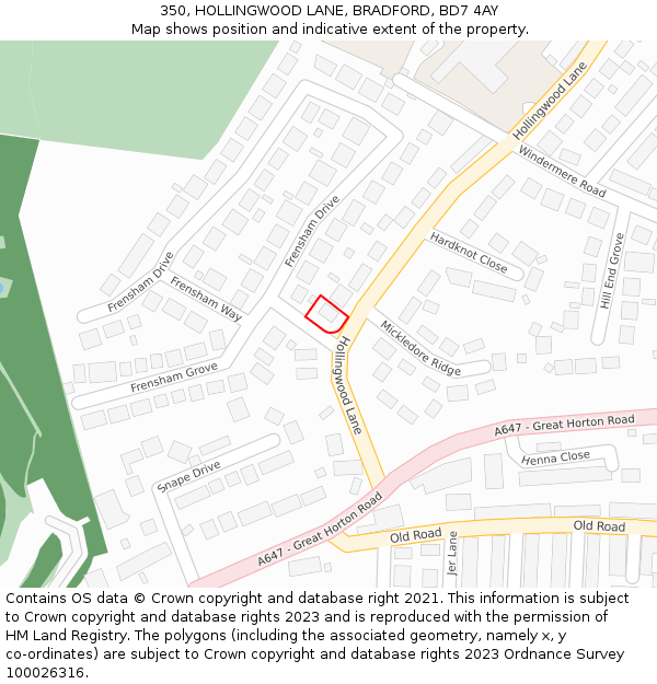 350, HOLLINGWOOD LANE, BRADFORD, BD7 4AY: Location map and indicative extent of plot