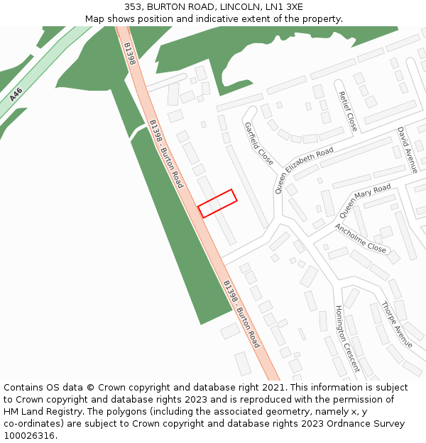 353, BURTON ROAD, LINCOLN, LN1 3XE: Location map and indicative extent of plot