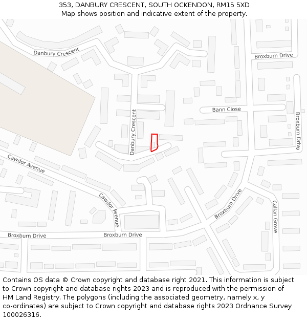 353, DANBURY CRESCENT, SOUTH OCKENDON, RM15 5XD: Location map and indicative extent of plot