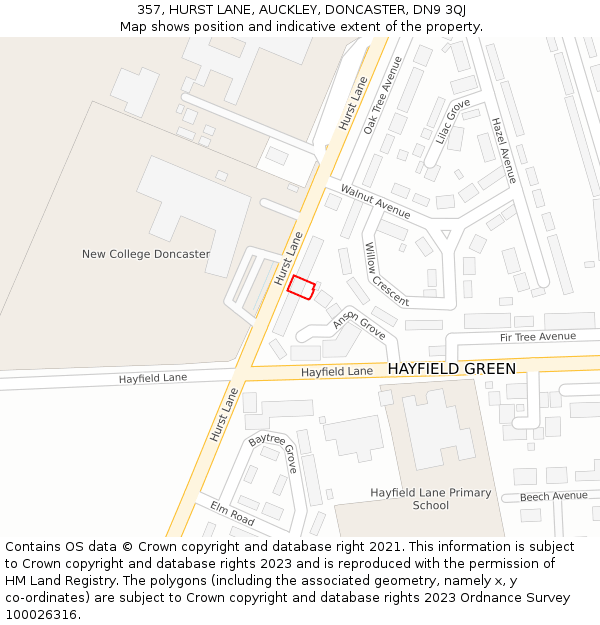 357, HURST LANE, AUCKLEY, DONCASTER, DN9 3QJ: Location map and indicative extent of plot