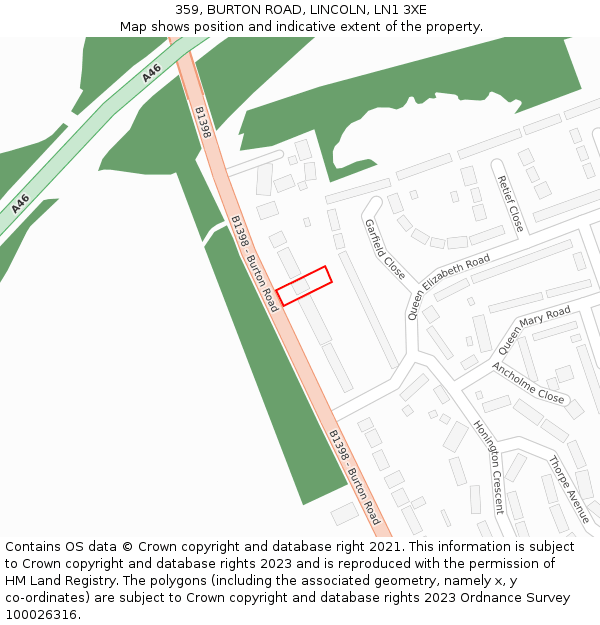 359, BURTON ROAD, LINCOLN, LN1 3XE: Location map and indicative extent of plot
