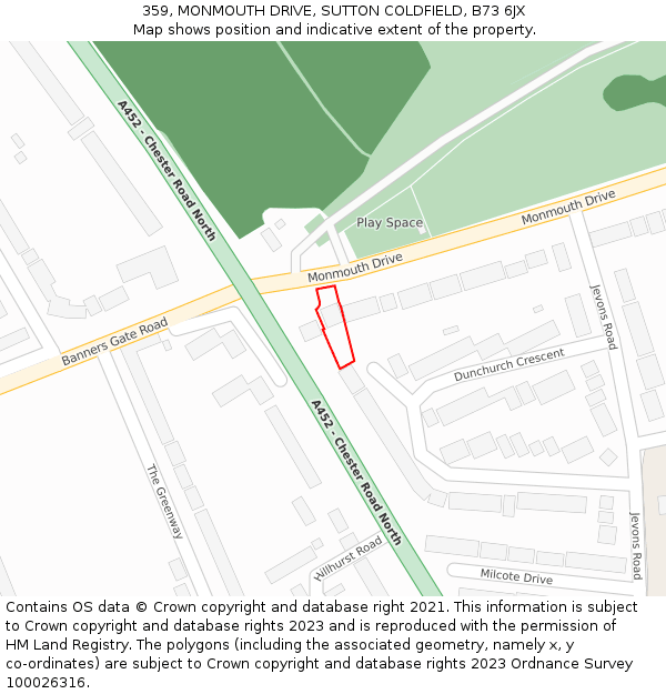359, MONMOUTH DRIVE, SUTTON COLDFIELD, B73 6JX: Location map and indicative extent of plot