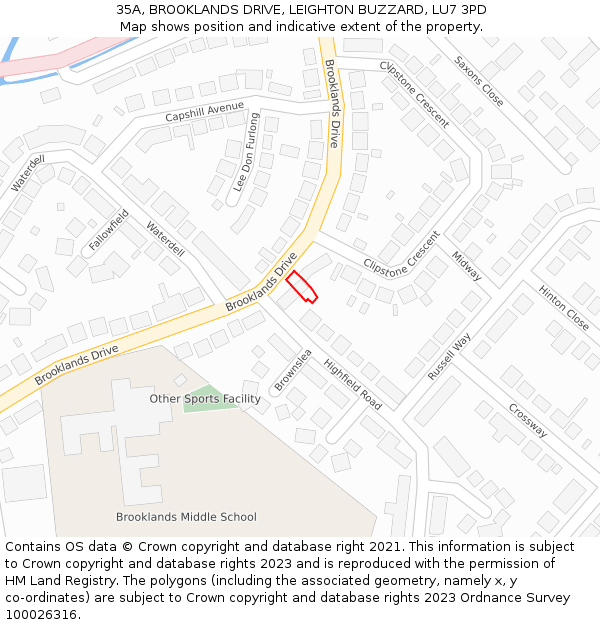 35A, BROOKLANDS DRIVE, LEIGHTON BUZZARD, LU7 3PD: Location map and indicative extent of plot