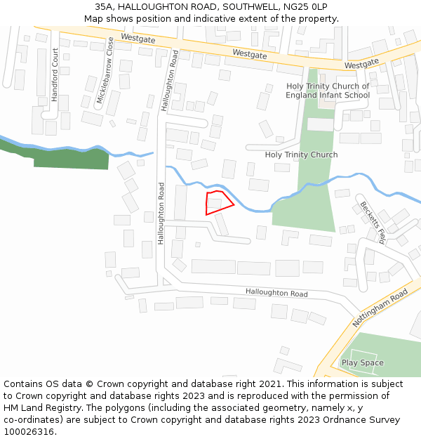 35A, HALLOUGHTON ROAD, SOUTHWELL, NG25 0LP: Location map and indicative extent of plot