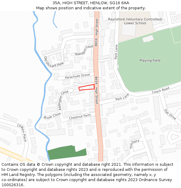 35A, HIGH STREET, HENLOW, SG16 6AA: Location map and indicative extent of plot