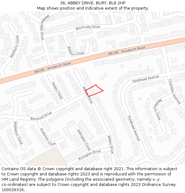 36, ABBEY DRIVE, BURY, BL8 2HP: Location map and indicative extent of plot