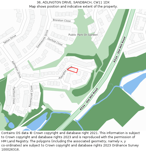 36, ADLINGTON DRIVE, SANDBACH, CW11 1DX: Location map and indicative extent of plot