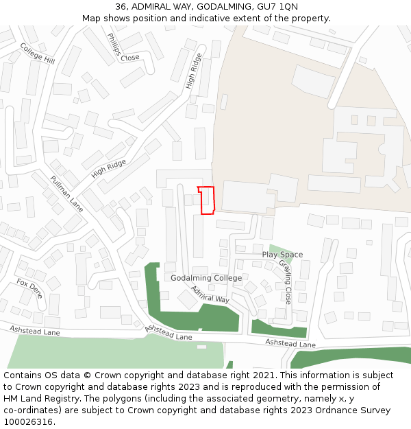 36, ADMIRAL WAY, GODALMING, GU7 1QN: Location map and indicative extent of plot