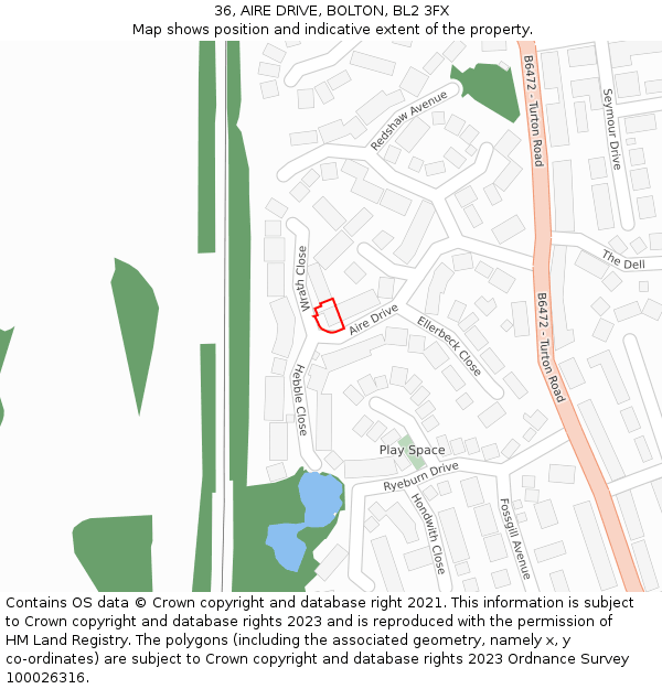 36, AIRE DRIVE, BOLTON, BL2 3FX: Location map and indicative extent of plot