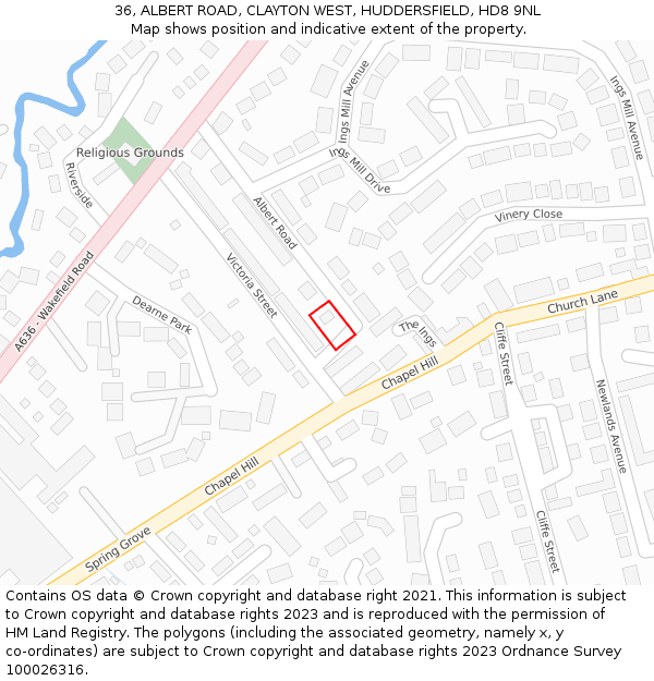 36, ALBERT ROAD, CLAYTON WEST, HUDDERSFIELD, HD8 9NL: Location map and indicative extent of plot