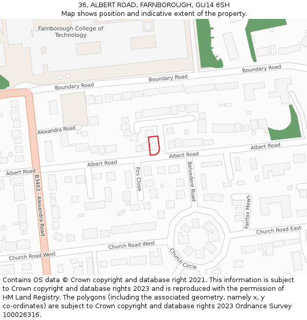 36, ALBERT ROAD, FARNBOROUGH, GU14 6SH: Location map and indicative extent of plot