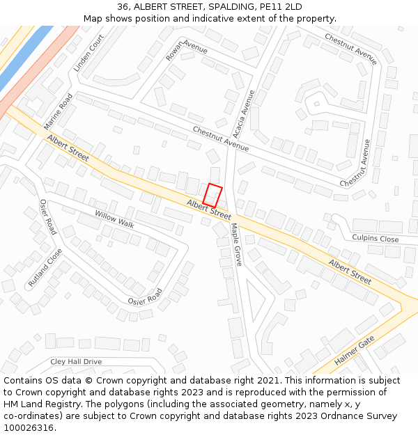 36, ALBERT STREET, SPALDING, PE11 2LD: Location map and indicative extent of plot