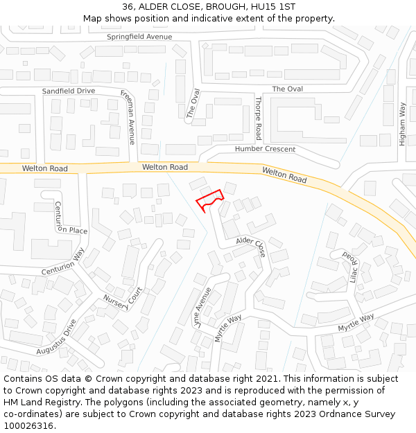 36, ALDER CLOSE, BROUGH, HU15 1ST: Location map and indicative extent of plot