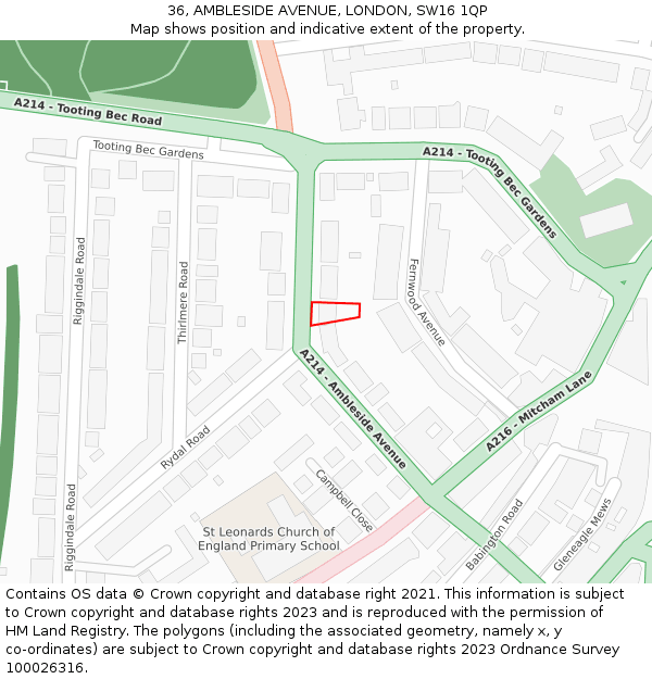 36, AMBLESIDE AVENUE, LONDON, SW16 1QP: Location map and indicative extent of plot