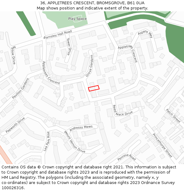 36, APPLETREES CRESCENT, BROMSGROVE, B61 0UA: Location map and indicative extent of plot