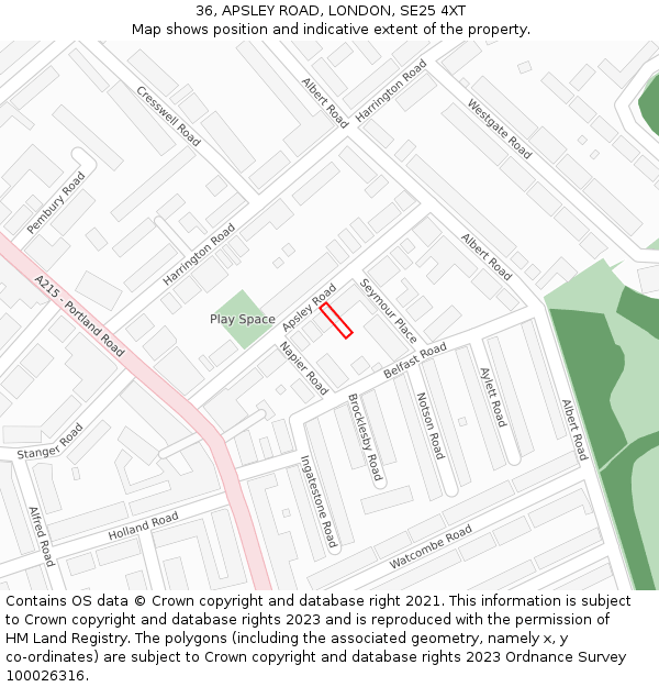 36, APSLEY ROAD, LONDON, SE25 4XT: Location map and indicative extent of plot