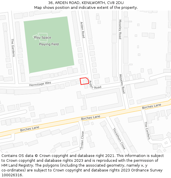 36, ARDEN ROAD, KENILWORTH, CV8 2DU: Location map and indicative extent of plot