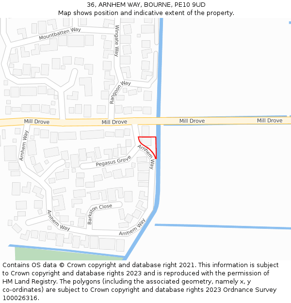 36, ARNHEM WAY, BOURNE, PE10 9UD: Location map and indicative extent of plot