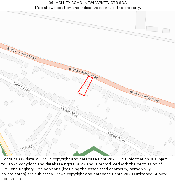 36, ASHLEY ROAD, NEWMARKET, CB8 8DA: Location map and indicative extent of plot