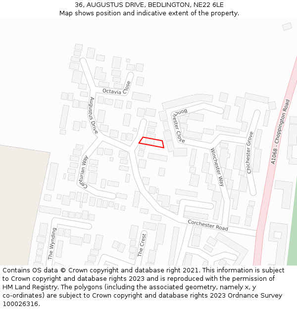 36, AUGUSTUS DRIVE, BEDLINGTON, NE22 6LE: Location map and indicative extent of plot