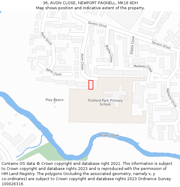 36, AVON CLOSE, NEWPORT PAGNELL, MK16 9DH: Location map and indicative extent of plot