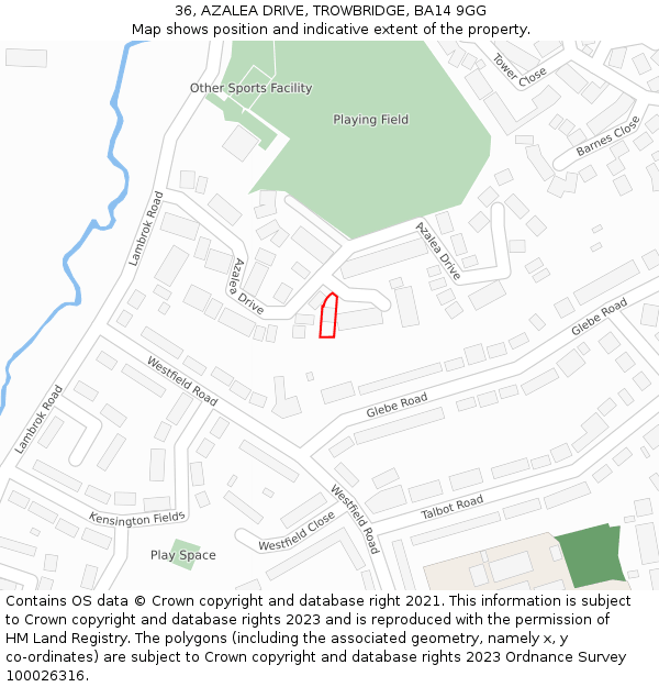 36, AZALEA DRIVE, TROWBRIDGE, BA14 9GG: Location map and indicative extent of plot