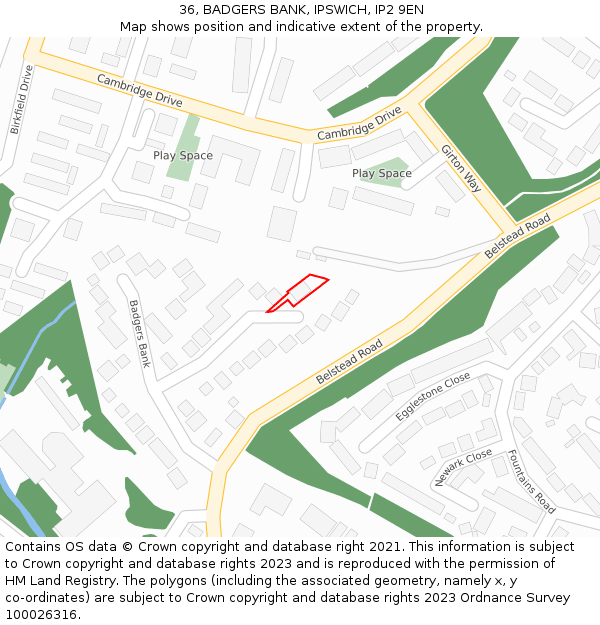 36, BADGERS BANK, IPSWICH, IP2 9EN: Location map and indicative extent of plot
