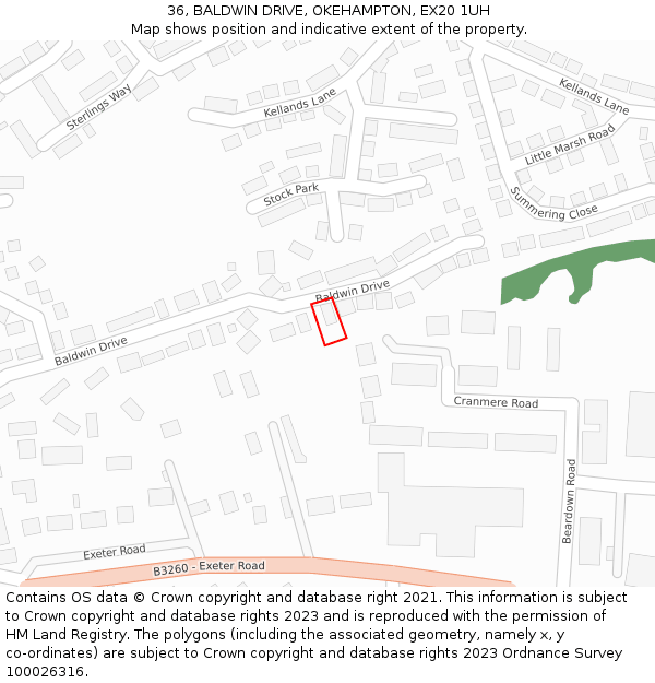 36, BALDWIN DRIVE, OKEHAMPTON, EX20 1UH: Location map and indicative extent of plot