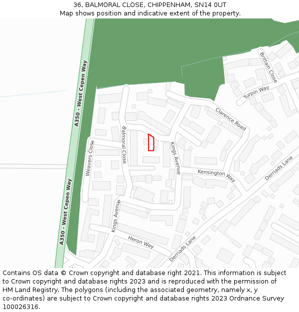 36, BALMORAL CLOSE, CHIPPENHAM, SN14 0UT: Location map and indicative extent of plot