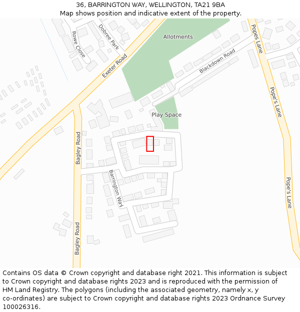 36, BARRINGTON WAY, WELLINGTON, TA21 9BA: Location map and indicative extent of plot