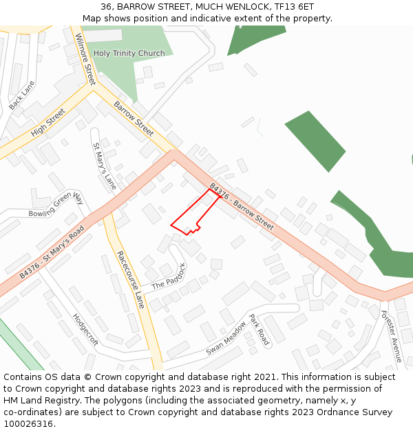 36, BARROW STREET, MUCH WENLOCK, TF13 6ET: Location map and indicative extent of plot