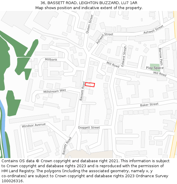 36, BASSETT ROAD, LEIGHTON BUZZARD, LU7 1AR: Location map and indicative extent of plot