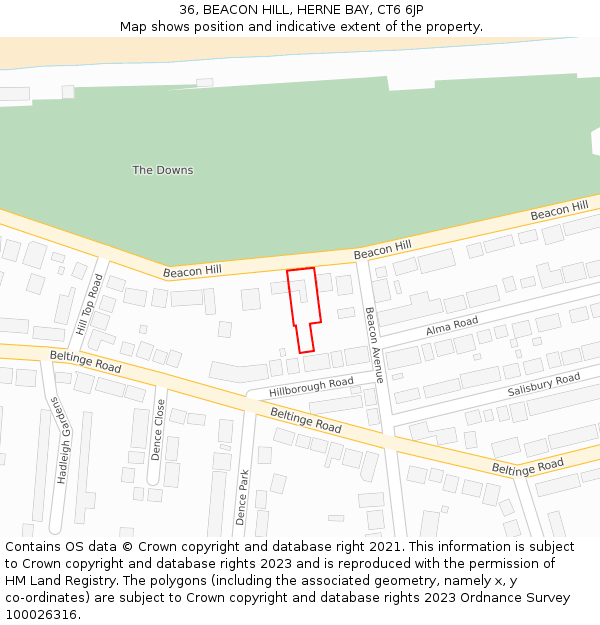 36, BEACON HILL, HERNE BAY, CT6 6JP: Location map and indicative extent of plot